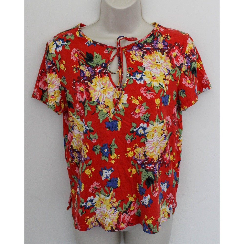 Maeve Top Small Red Floral Pullover Keyhole Tie Neck Short Sleeve Anthropologie